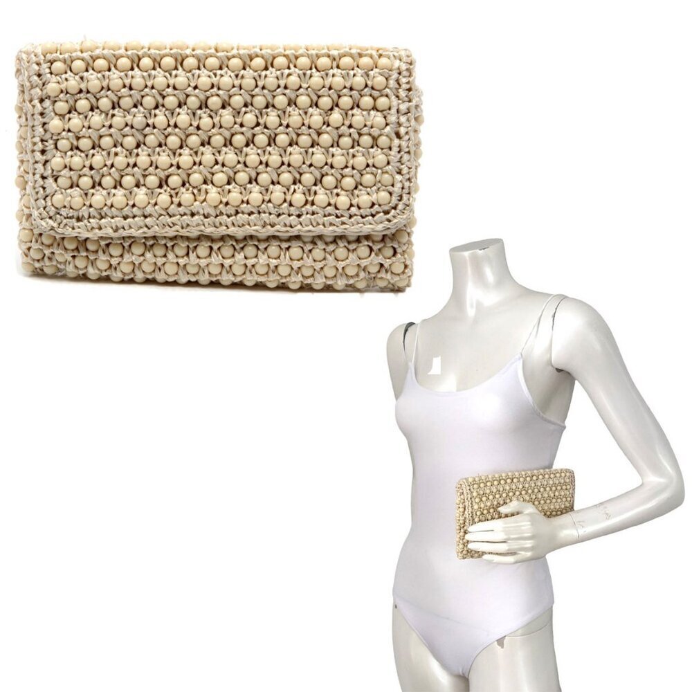 Vintage Handbags Ltd. Beaded Straw Woven Clutch Cream Made in Japan 1960s MCM